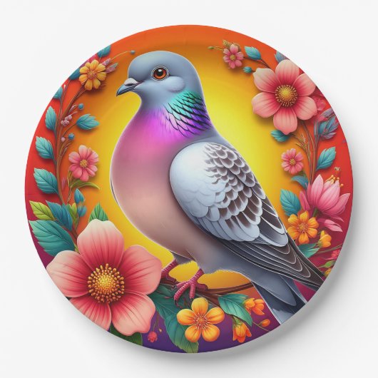 花カラフルに囲ま鮮やかれた鳩 ペーパープレート (正面)
