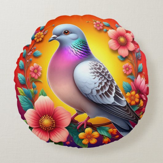 花カラフルに囲ま鮮やかれた鳩 ラウンドクッション (正面)