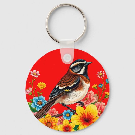 花カラフルに覆われた鳥 キーホルダー (正面)