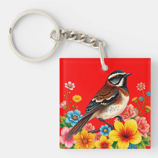 花カラフルに覆われた鳥 キーホルダー (正面)