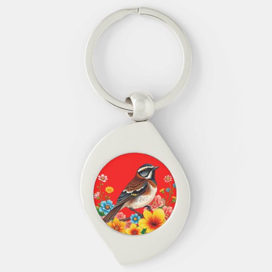 花カラフルに覆われた鳥 キーホルダー (正面)