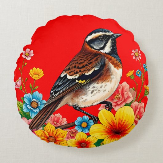 花カラフルに覆われた鳥 ラウンドクッション (正面)