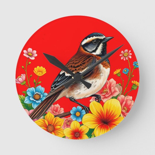 花カラフルに覆われた鳥 ラウンド壁時計 (正面)