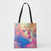 花カラフルのアートワークで囲まれた可愛い少女 | トートバッグ (正面)