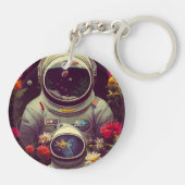 花カラフルのアートワークと宇宙の宇宙飛行士 キーホルダー (裏面)