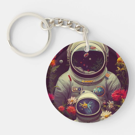 花カラフルのアートワークと宇宙の宇宙飛行士 キーホルダー (正面)