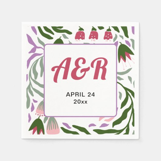 花カラフルの付いたレトロ結婚な枝 スタンダードカクテルナプキン (正面)