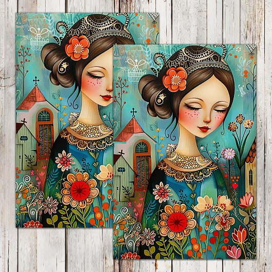 花カラフルの女の子の春ガーデンの切り離 薄葉紙