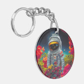 花カラフルの宇宙で宇宙飛行士 | キーホルダー (正面左)
