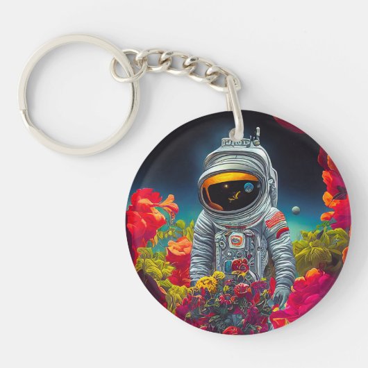 花カラフルの宇宙で宇宙飛行士 | キーホルダー (正面)