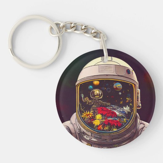 花カラフルの宇宙で宇宙飛行士 | キーホルダー (正面)