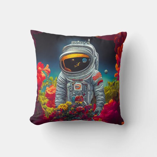 花カラフルの宇宙で宇宙飛行士 | クッション (正面)