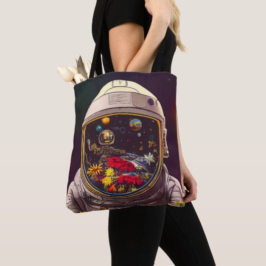 花カラフルの宇宙で宇宙飛行士 | トートバッグ (クローズアップ)