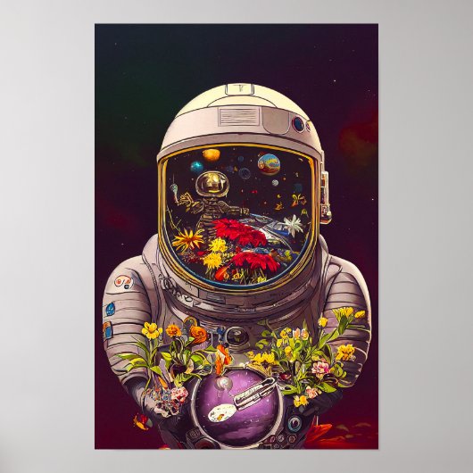 花カラフルの宇宙で宇宙飛行士 | ポスター (正面)