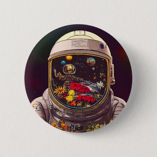 花カラフルの宇宙で宇宙飛行士 | 缶バッジ (正面)