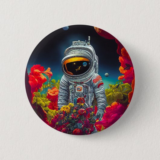 花カラフルの宇宙で宇宙飛行士 | 缶バッジ (正面)
