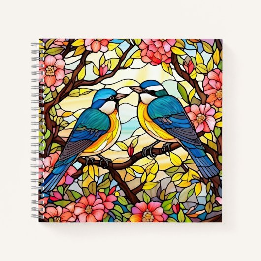 花カラフルの枝にステンドグラスの鳥 ノートブック (正面)