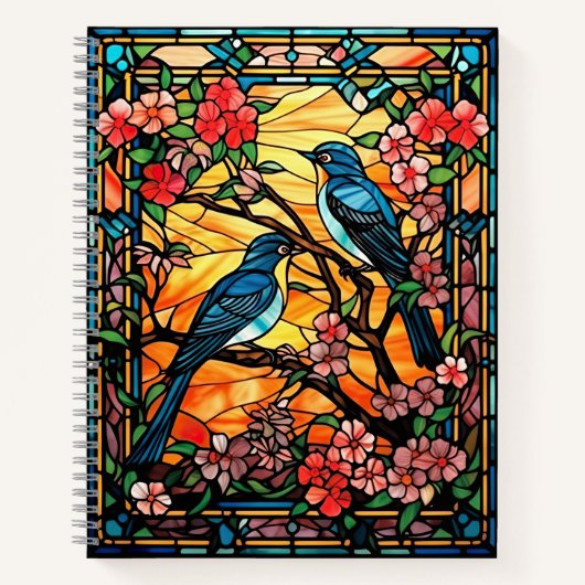 花カラフルの枝にステンドグラスの鳥 ノートブック (正面)