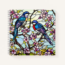 花カラフルの枝にステンドグラスの鳥 ノートブック