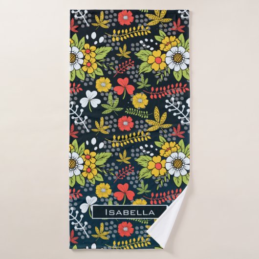 花カラフルの花パーソナライズされた名 バスタオル (バスタオル)