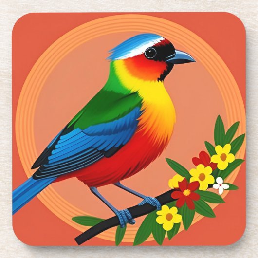 花カラフルの間に浮か鮮やかぶ鳥 コースター (正面)