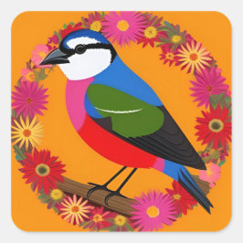 花カラフルの間に浮か鮮やかぶ鳥 スクエアシール