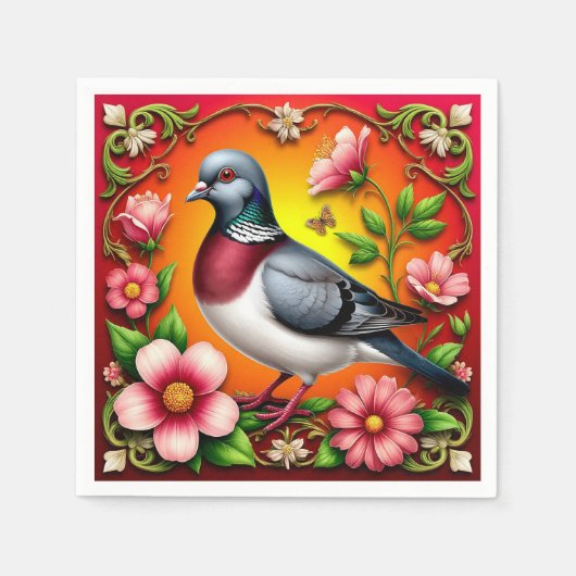 花カラフルの間に浮か鮮やかぶ鳥 スタンダードカクテルナプキン (正面)