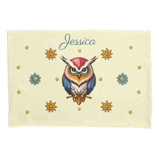 花カラフルふくろうガーリー 枕カバー (正面)