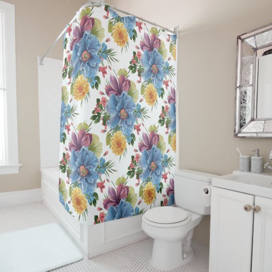 花カラフルコラージュ水彩イラストレーション シャワーカーテン (インサイチュ)