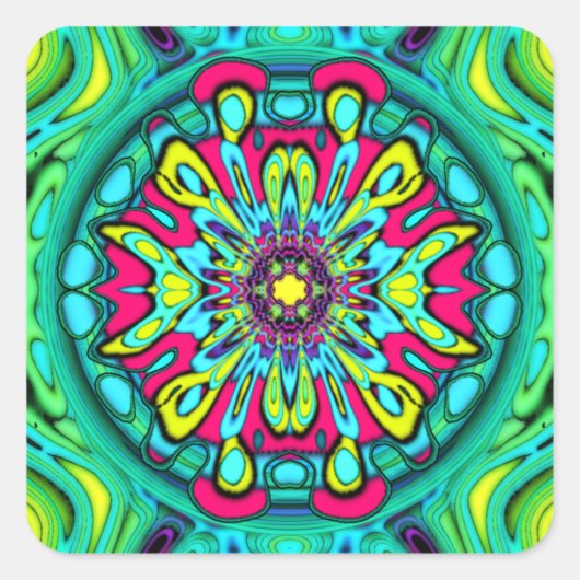 花カラフルサイケデリック抽象芸術パターンv1 スクエアシール (正面)