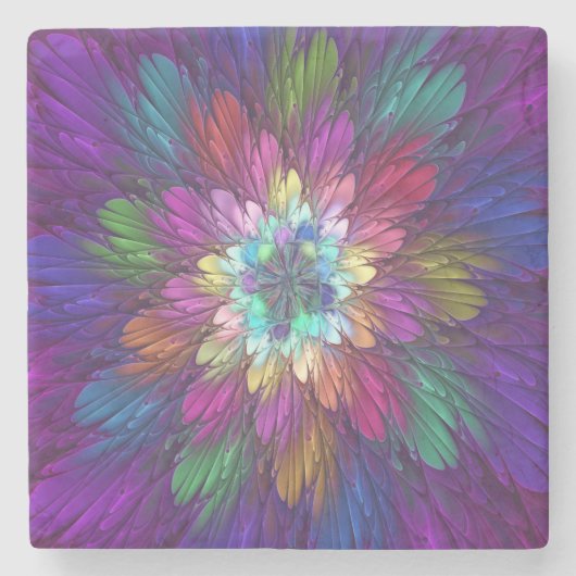 花カラフルサイケデリック抽象芸術フラクタル ストーンコースター (正面)