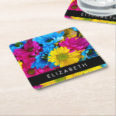 花カラフルデイジーボホお名前 スクエアペーパーコースター (アングル)