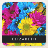 花カラフルデイジーボホお名前 スクエアペーパーコースター (正面)
