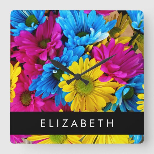 花カラフルデイジーボホお名前 スクエア壁時計 (正面)