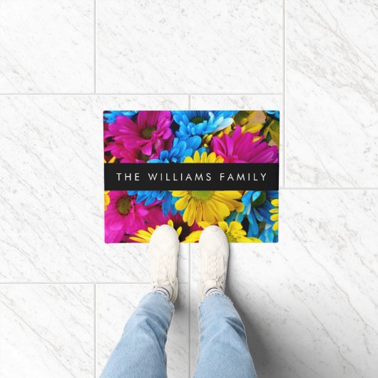 花カラフルデイジーボホお名前 ドアマット (室内)