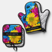 花カラフルデイジーボホお名前 鍋つかみ&鍋敷きセット (正面/裏面)