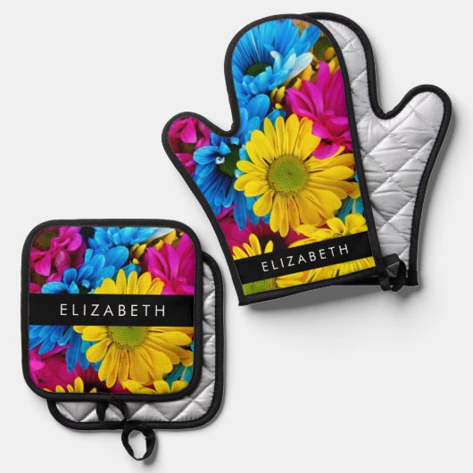 花カラフルデイジーボホお名前 鍋つかみ&鍋敷きセット (正面/裏面)