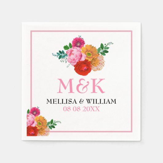 花カラフルトレンディー水彩色結婚デザイン スタンダードカクテルナプキン (正面)