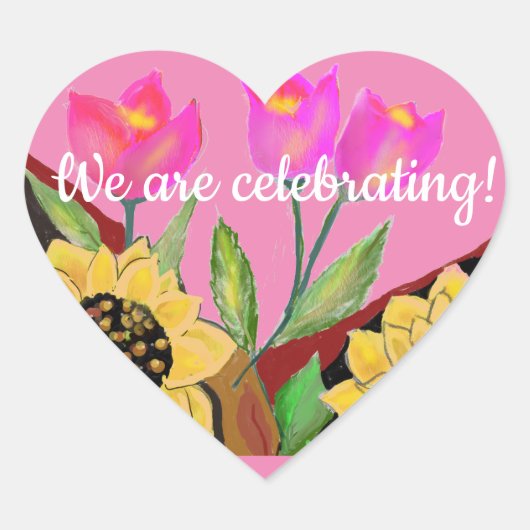 花カラフルピンクのチューリップ&黄色のひまわり ハートシール (正面)