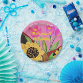 花カラフルピンクのチューリップ&黄色のひまわり ペーパープレート (パーティー)