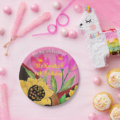 花カラフルピンクのチューリップ&黄色のひまわり ペーパープレート (パーティー)