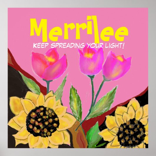 花カラフルピンクのチューリップ&黄色のひまわり ポスター (正面)