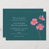 花カラフルピンクティール(緑がかった色)緑フローラシャワー 招待状 (正面/裏面)