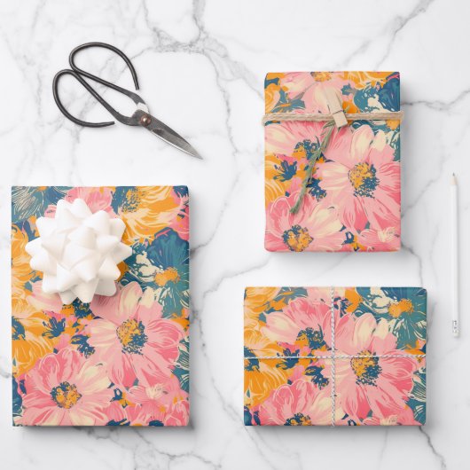 花カラフルモダン花柄 ラッピングペーパーシート (正面)