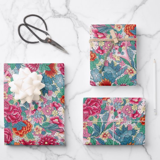 花カラフル中国の柄 ラッピングペーパーシート (正面)