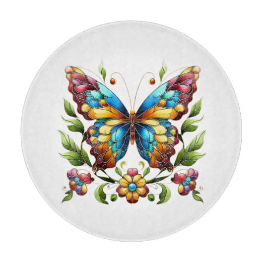 花カラフル付きステンドグラス蝶 カッティングボード (正面)
