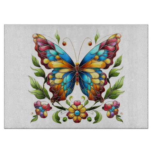 花カラフル付きステンドグラス蝶 カッティングボード (正面)