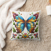 花カラフル付きステンドグラス蝶 クッション (ブランケット)