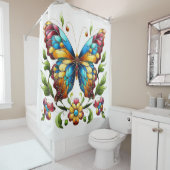 花カラフル付きステンドグラス蝶 シャワーカーテン (インサイチュ)