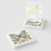 花カラフル付きステンドグラス蝶 ストーンコースター (横)